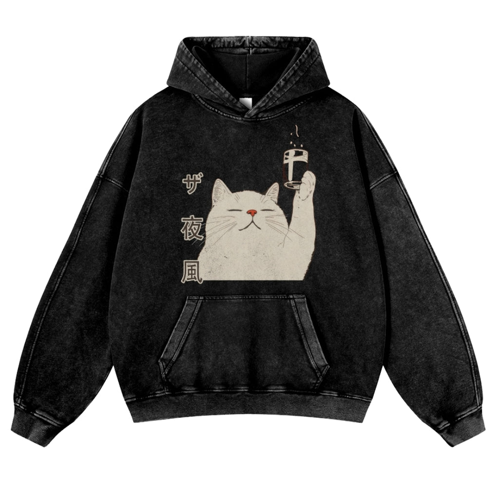 Tipsy Cat Vintage Washed Cotton Back Art Hoodie