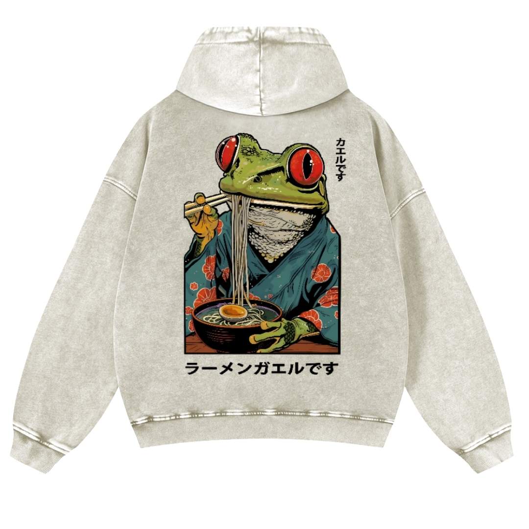 Ramen Frog Vintage Washed Cotton Back Art Hoodie