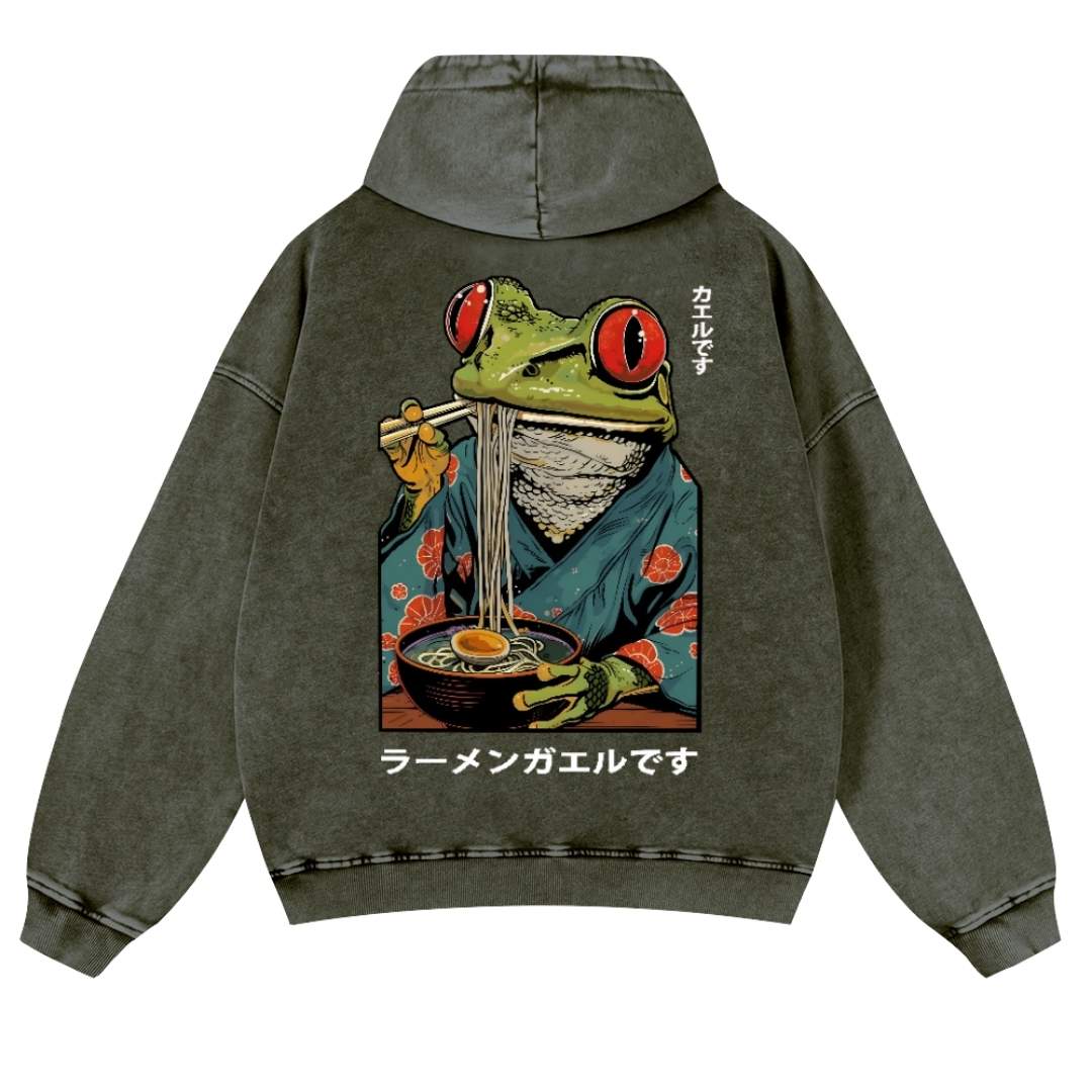 Ramen Frog Vintage Washed Cotton Back Art Hoodie